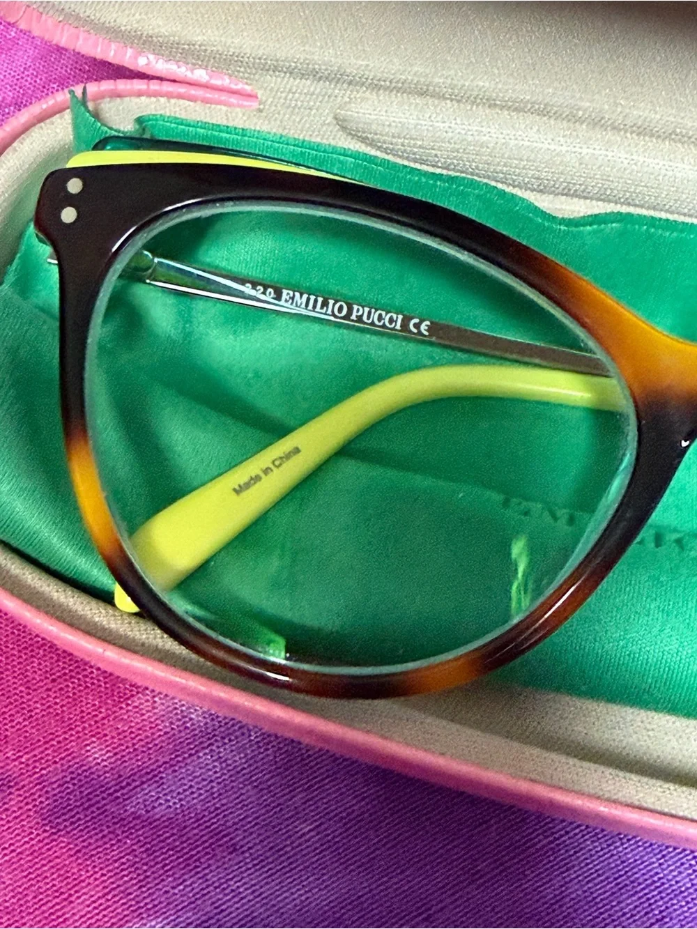 Emilio Pucci Tortoiseshell Glasses with Green and Yellow Accents